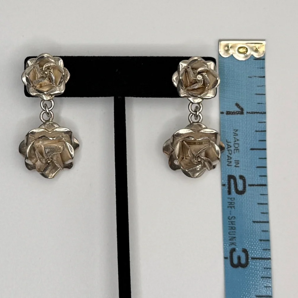 VTG Mexican Sterling Silver Rose Dangling Earrings and Pendant. - Picture 10 of 14